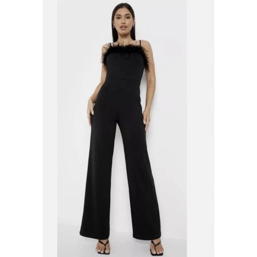 Nicole Miller Elegant Black Jumpsuit with Ostrich feather neckline Size 12